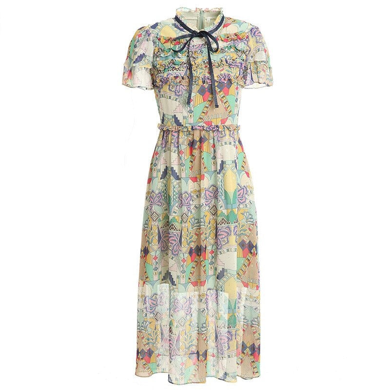 Runway Stand Collar Pattern Print High Waist Dress