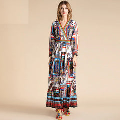 Runway V-Neck Striped Pleated Vintage Bohemian Long Dress