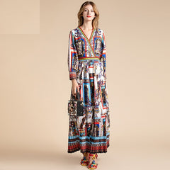Runway V-Neck Striped Pleated Vintage Bohemian Long Dress