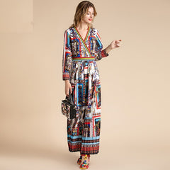 Runway V-Neck Striped Pleated Vintage Bohemian Long Dress