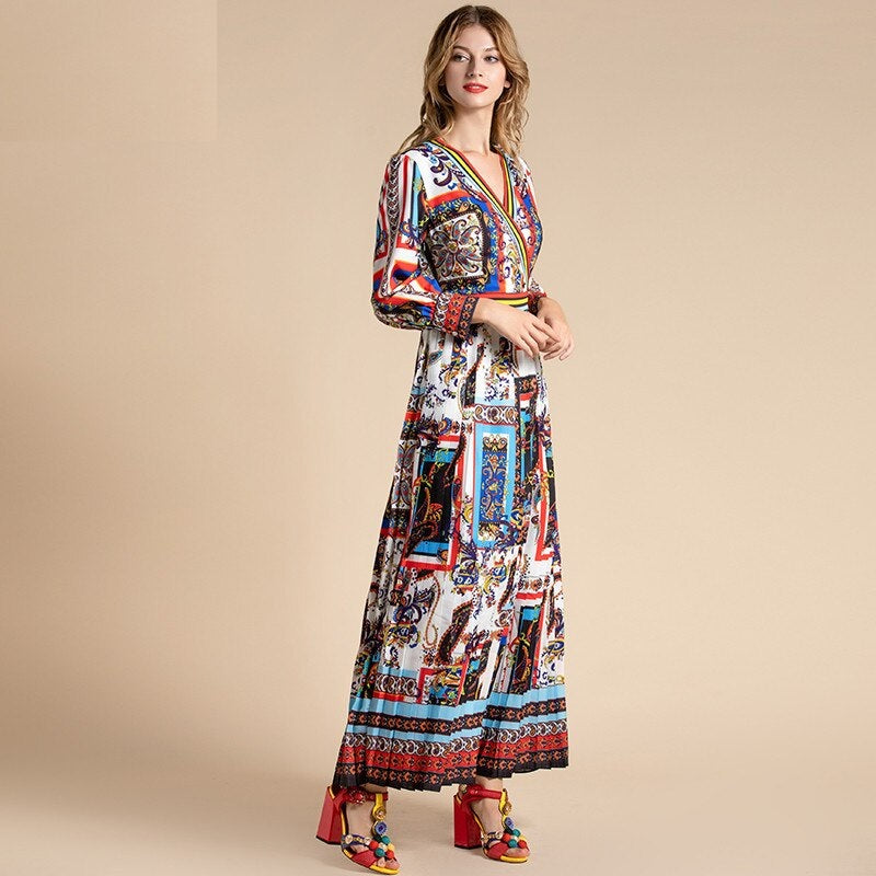 Runway V-Neck Striped Pleated Vintage Bohemian Long Dress