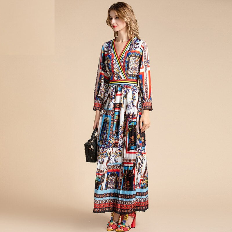 Runway V-Neck Striped Pleated Vintage Bohemian Long Dress