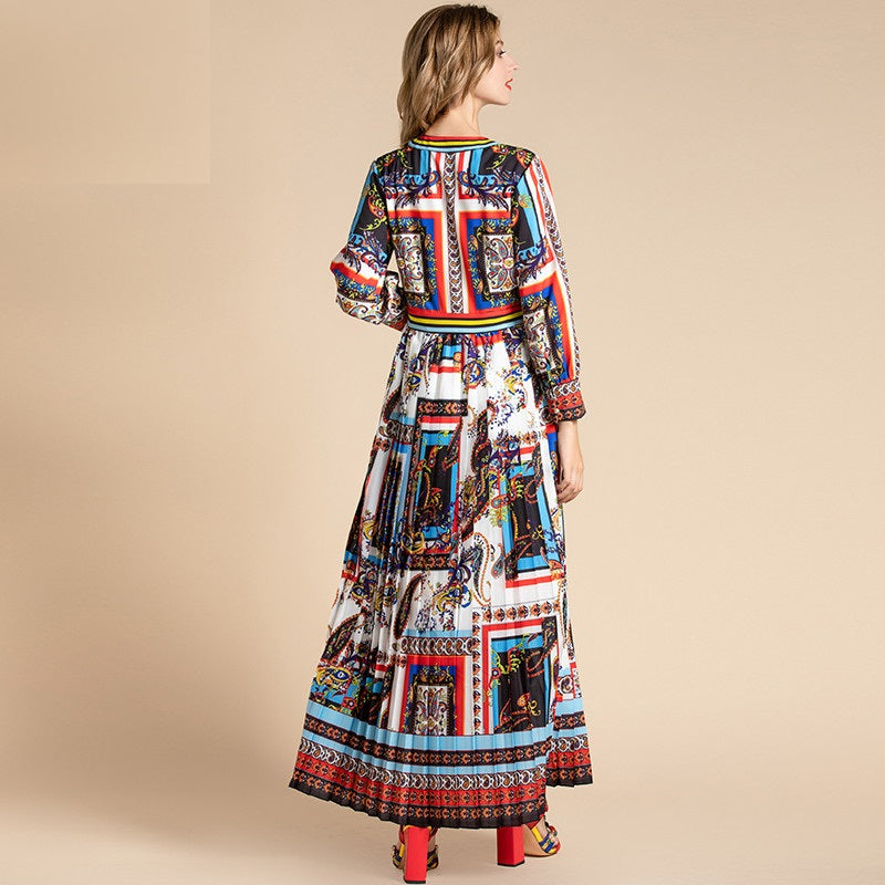 Runway V-Neck Striped Pleated Vintage Bohemian Long Dress