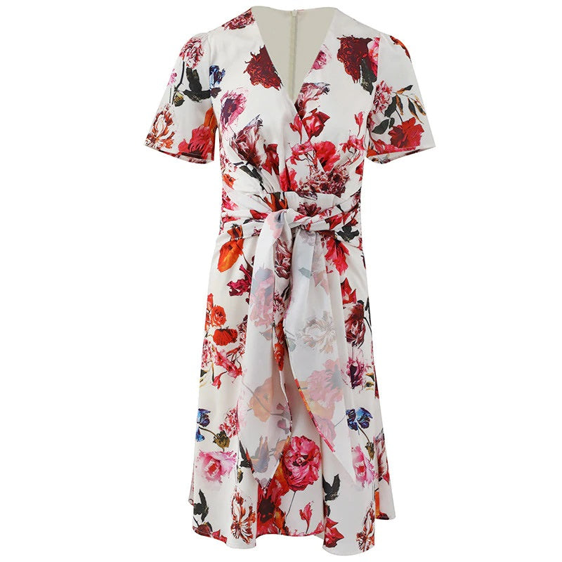 Casual Wrap Belted V-Neck Animal and Flower Print Mini Dress