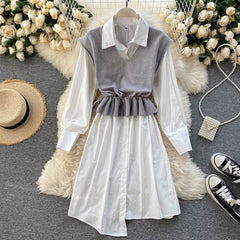 Set Long Sleeve Turn-down Collar Knitting Vest Two Pieces Set