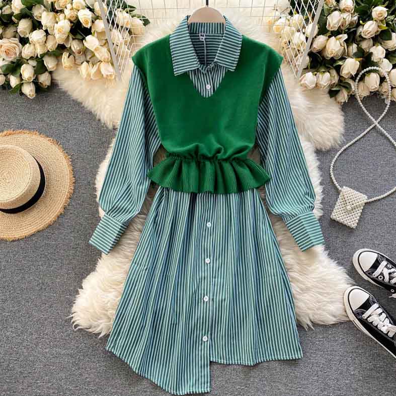 Set Long Sleeve Turn-down Collar Knitting Vest Two Pieces Set