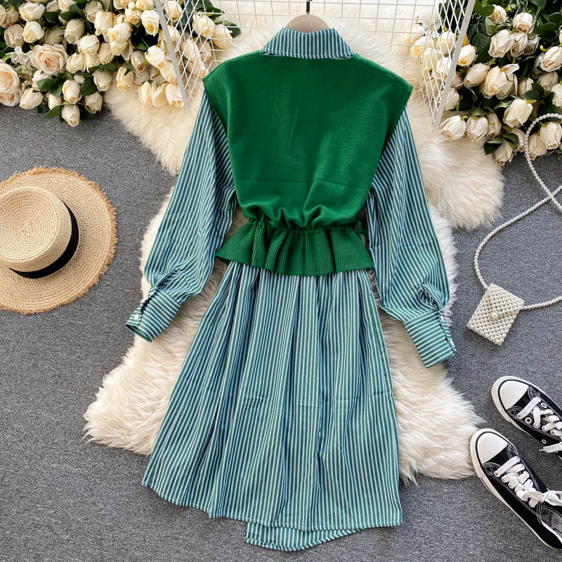 Set Long Sleeve Turn-down Collar Knitting Vest Two Pieces Set