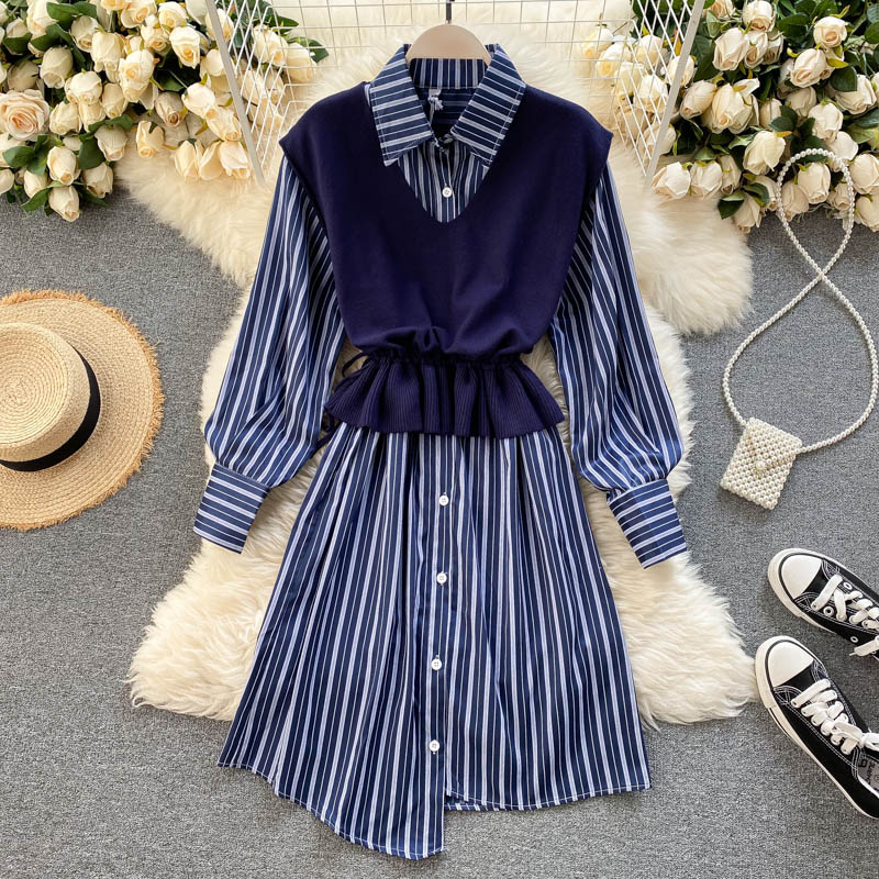 Set Long Sleeve Turn-down Collar Knitting Vest Two Pieces Set