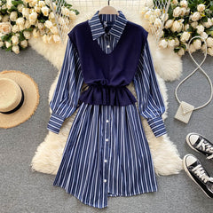 Set Long Sleeve Turn-down Collar Knitting Vest Two Pieces Set