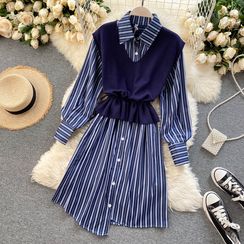Set Long Sleeve Turn-down Collar Knitting Vest Two Pieces Set