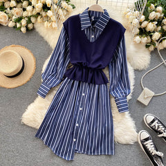 Set Long Sleeve Turn-down Collar Knitting Vest Two Pieces Set