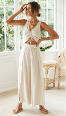 Set Suit Two-piece Short-sleeved Blouse with Wide-leg Slit Trousers