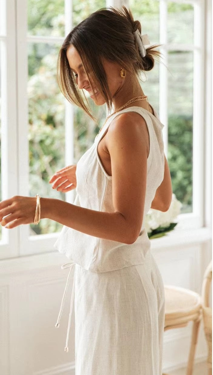 Set Suit Two-piece Short-sleeved Blouse with Wide-leg Slit Trousers