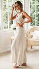 Set Suit Two-piece Short-sleeved Blouse with Wide-leg Slit Trousers