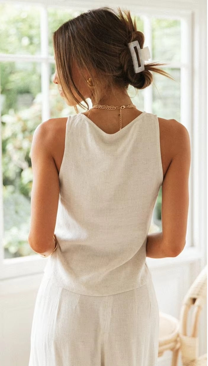 Set Suit Two-piece Short-sleeved Blouse with Wide-leg Slit Trousers