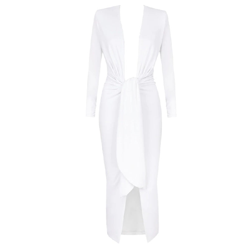 Split Deep V-Neck Sashes Bodycon Dress
