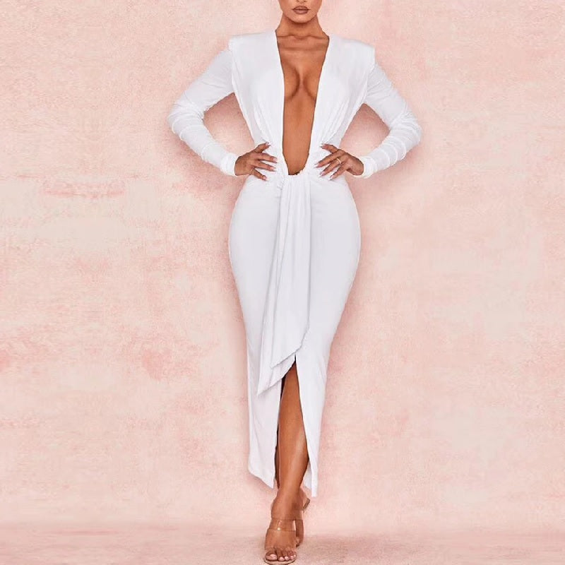 Split Deep V-Neck Sashes Bodycon Dress