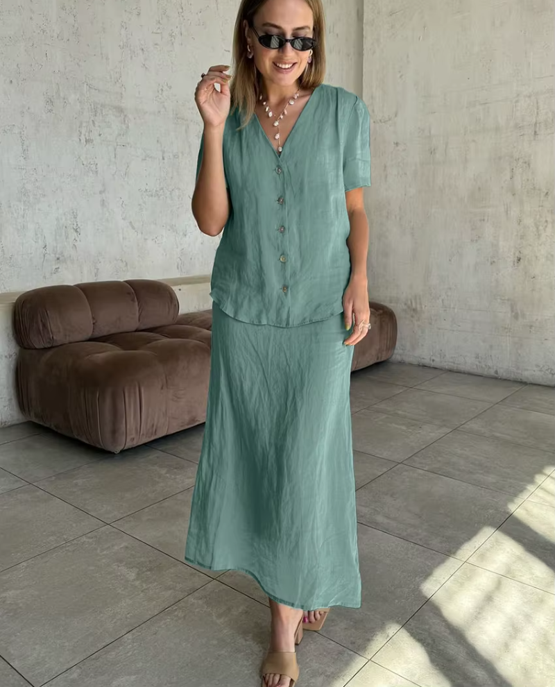 Short Sleeve Shirt With High Waist Loose Cotton 2 Piece Midi Skirt Set
