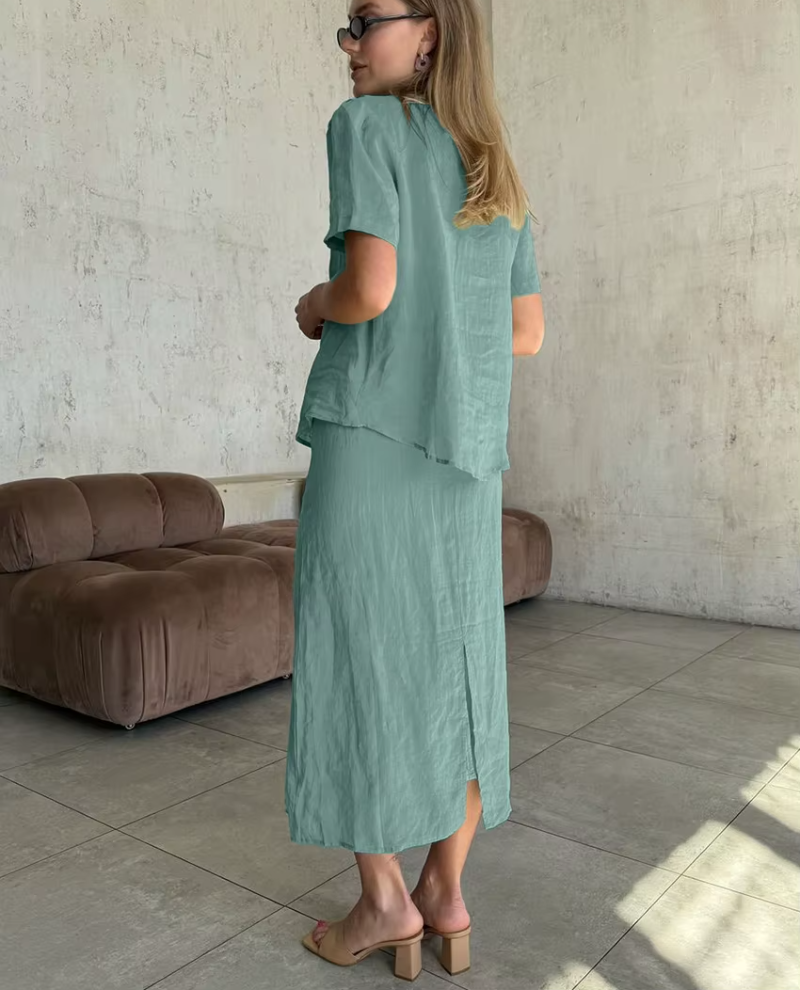 Short Sleeve Shirt With High Waist Loose Cotton 2 Piece Midi Skirt Set