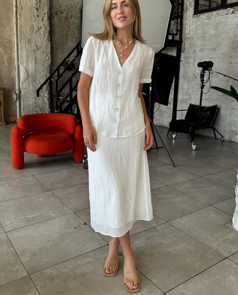 Short Sleeve Shirt With High Waist Loose Cotton 2 Piece Midi Skirt Set