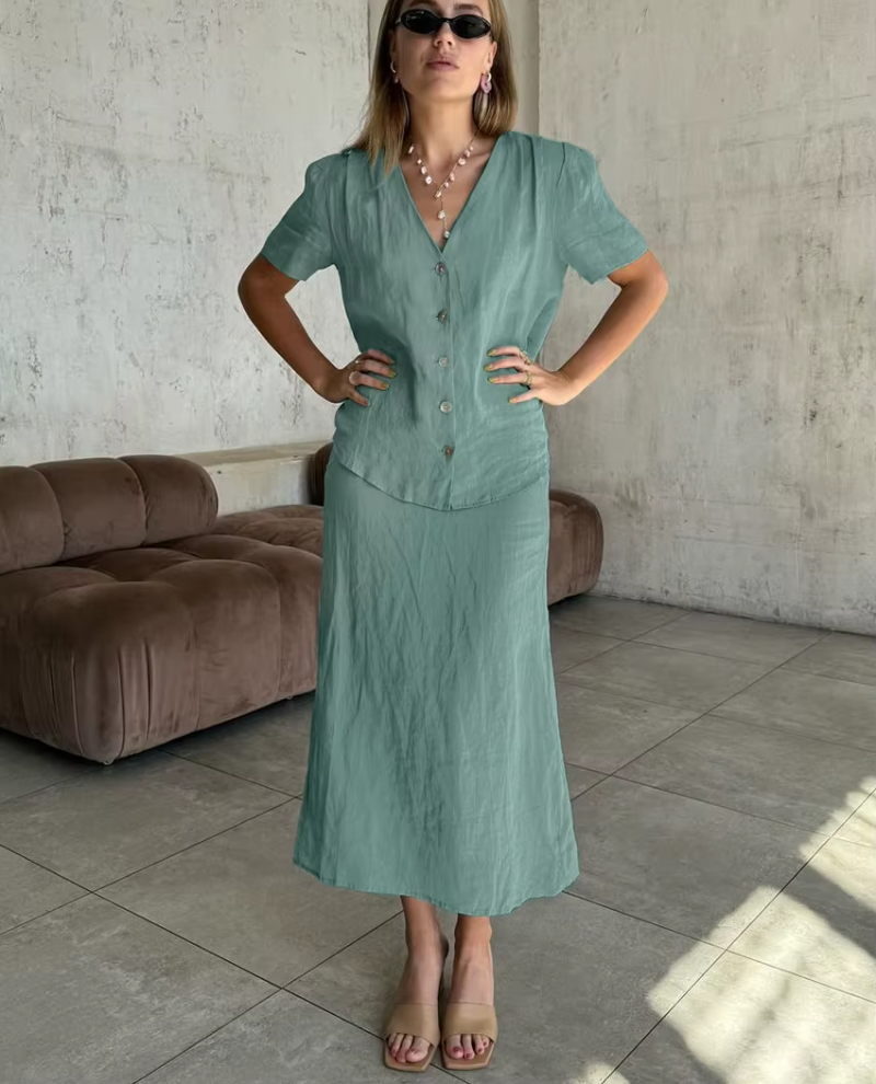 Short Sleeve Shirt With High Waist Loose Cotton 2 Piece Midi Skirt Set