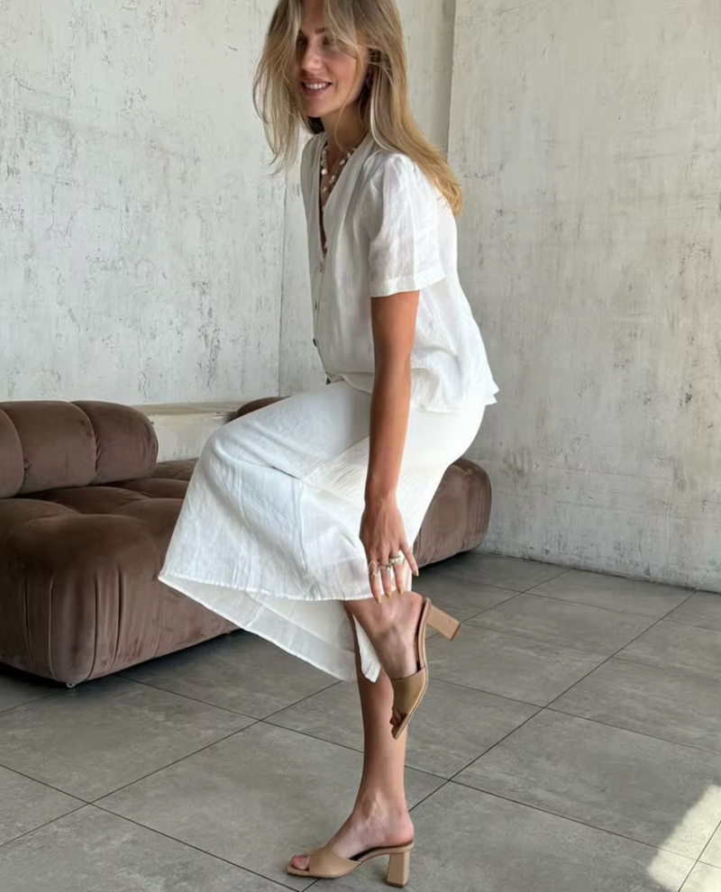 Short Sleeve Shirt With High Waist Loose Cotton 2 Piece Midi Skirt Set