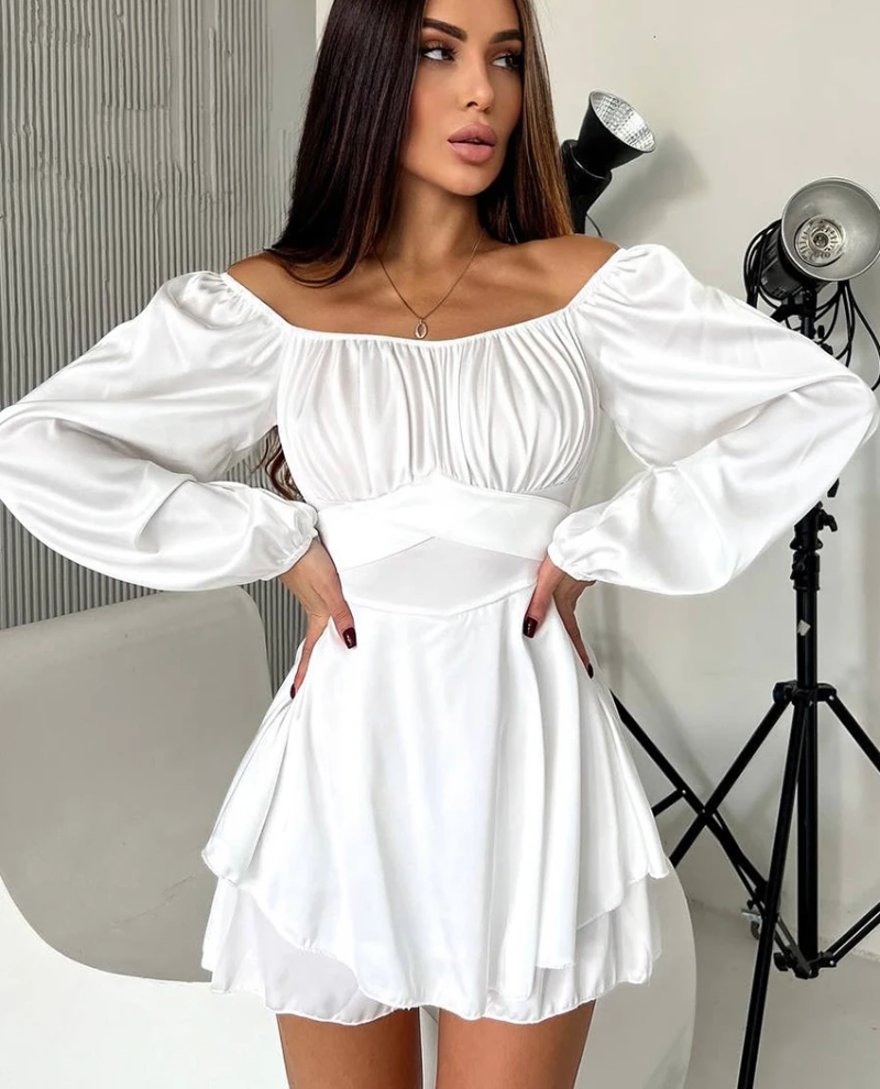 Slash Neck Long Sleeve Mini Dresses Elegant Classic Solid Dress