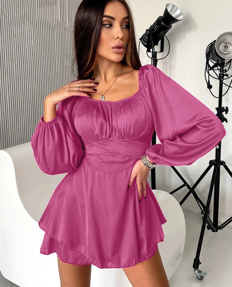 Slash Neck Long Sleeve Mini Dresses Elegant Classic Solid Dress