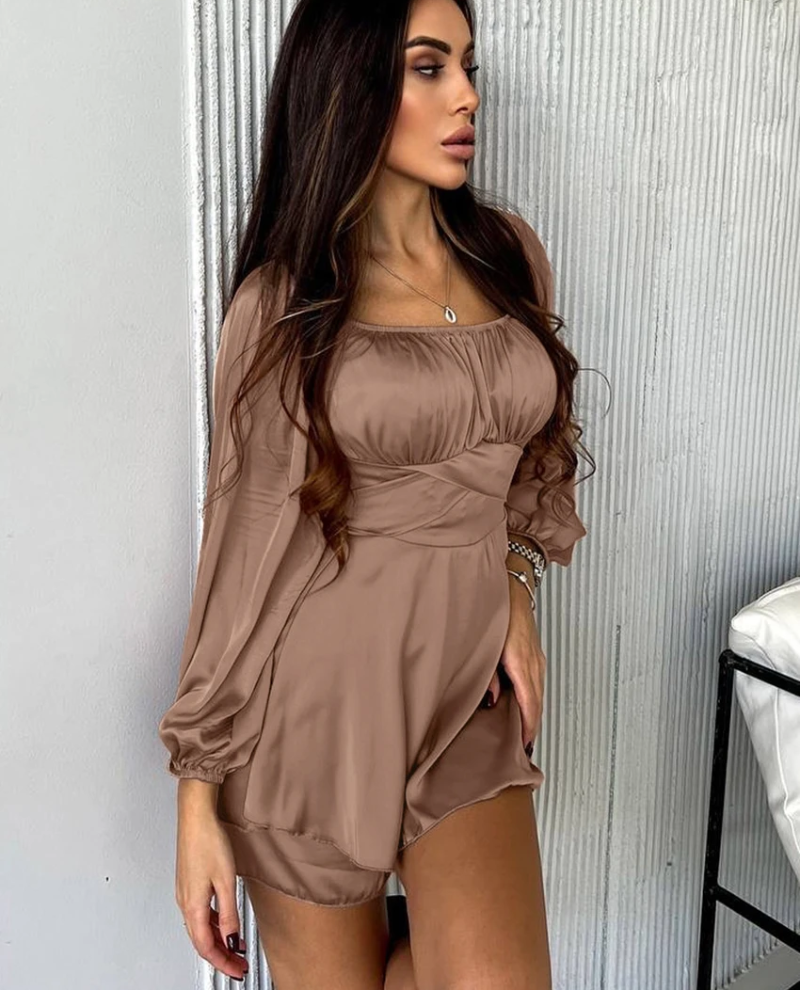 Slash Neck Long Sleeve Mini Dresses Elegant Classic Solid Dress