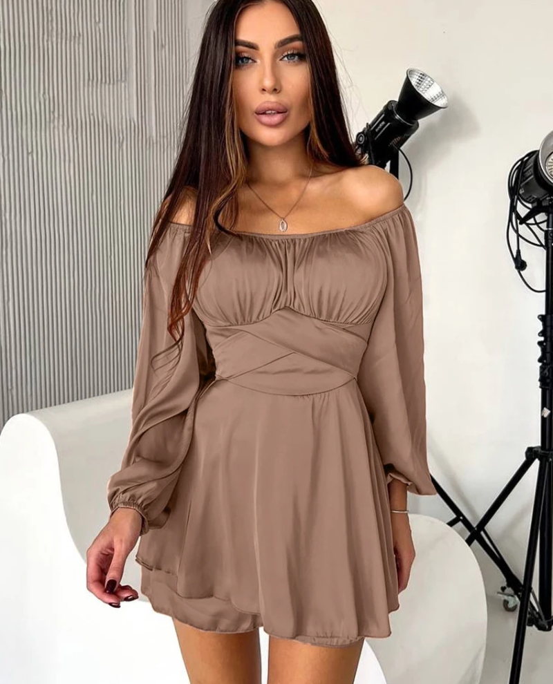 Slash Neck Long Sleeve Mini Dresses Elegant Classic Solid Dress