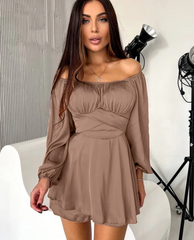 Slash Neck Long Sleeve Mini Dresses Elegant Classic Solid Dress