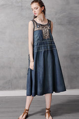 Sleeveless Denim Embroidery Dresses