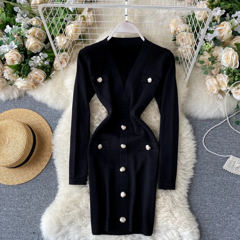 Slim Button Long Sleeve Bodycon Pencil Sweater Dress