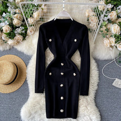Slim Button Long Sleeve Bodycon Pencil Sweater Dress