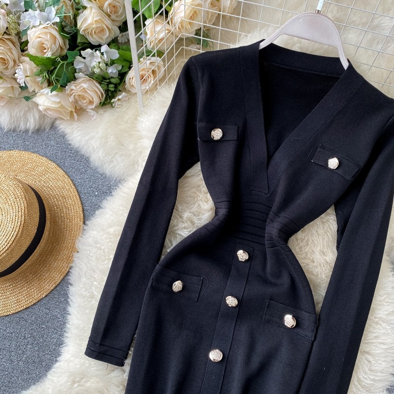Slim Button Long Sleeve Bodycon Pencil Sweater Dress