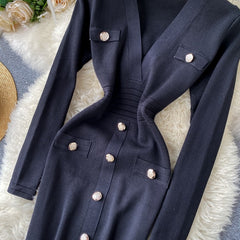 Slim Button Long Sleeve Bodycon Pencil Sweater Dress