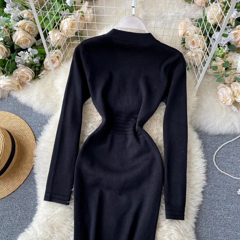 Slim Button Long Sleeve Bodycon Pencil Sweater Dress