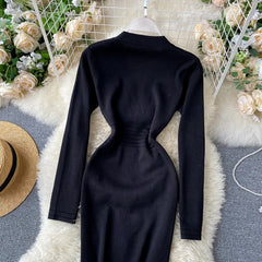 Slim Button Long Sleeve Bodycon Pencil Sweater Dress