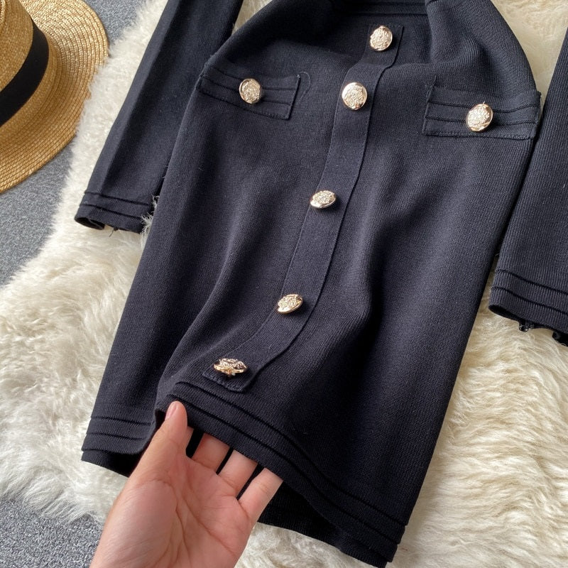 Slim Button Long Sleeve Bodycon Pencil Sweater Dress