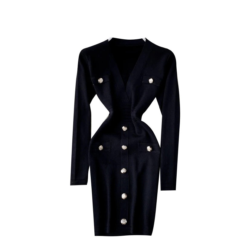 Slim Button Long Sleeve Bodycon Pencil Sweater Dress