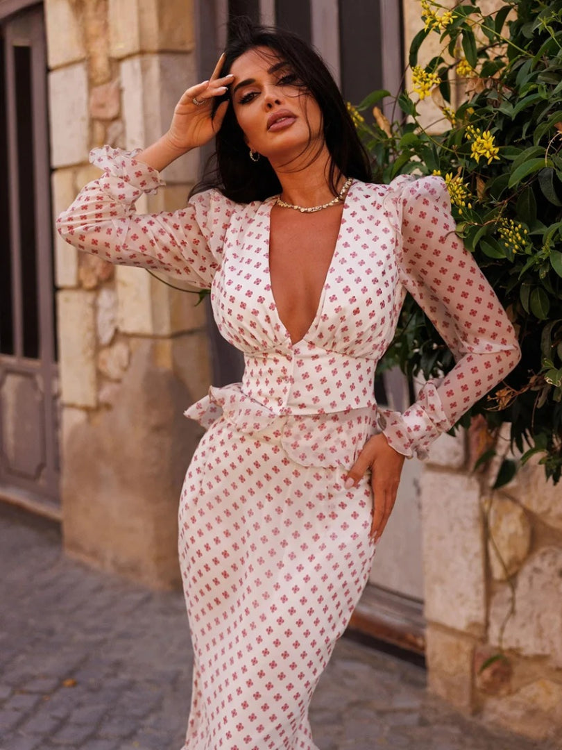 Slim Print Long Sleeve Crop Top With High Waist Long Skirt Set