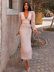 Slim Print Long Sleeve Crop Top With High Waist Long Skirt Set