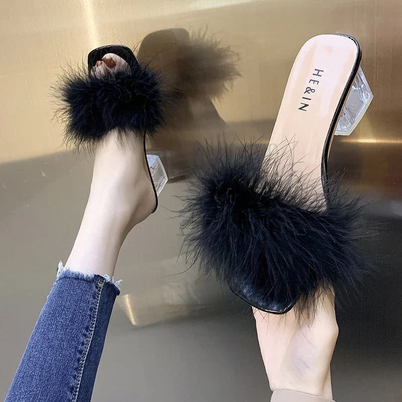Slippers Open Toe Plush Fox Fur Chunky with Flip Flops Home Banquet Square Toe Simple Pumps