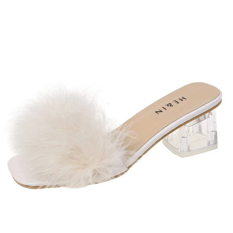 Slippers Open Toe Plush Fox Fur Chunky with Flip Flops Home Banquet Square Toe Simple Pumps