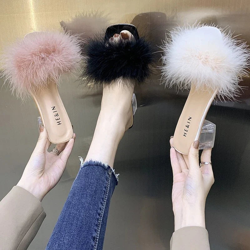 Slippers Open Toe Plush Fox Fur Chunky with Flip Flops Home Banquet Square Toe Simple Pumps