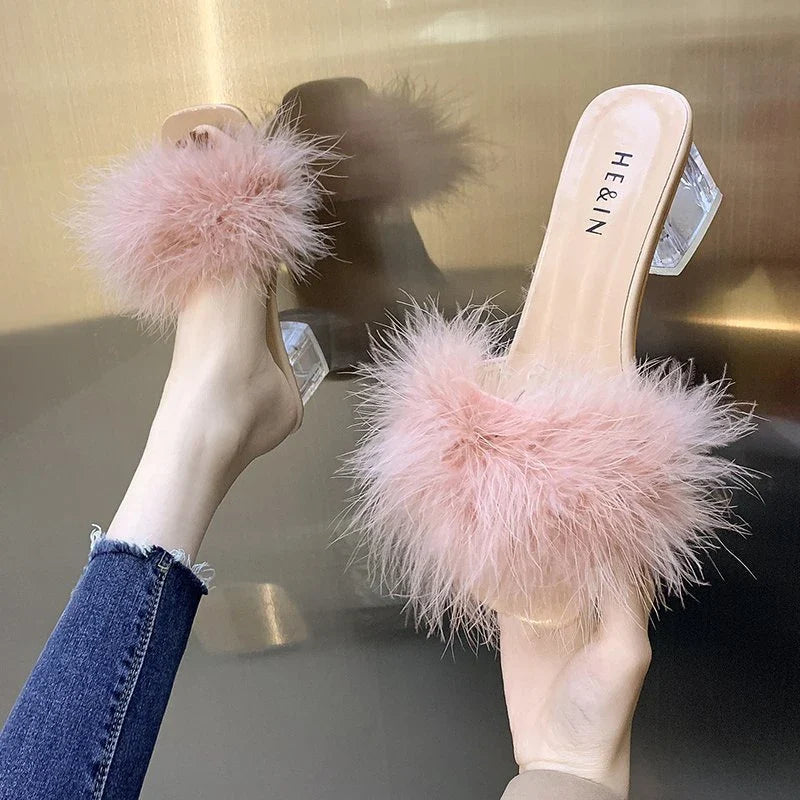 Slippers Open Toe Plush Fox Fur Chunky with Flip Flops Home Banquet Square Toe Simple Pumps