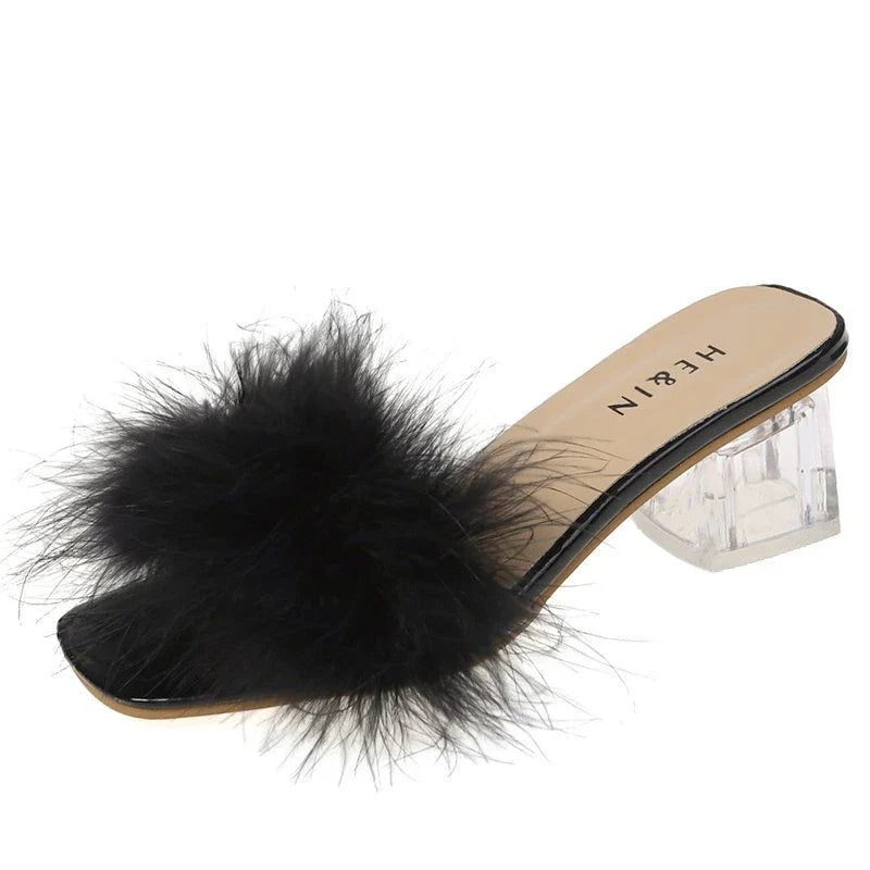 Slippers Open Toe Plush Fox Fur Chunky with Flip Flops Home Banquet Square Toe Simple Pumps