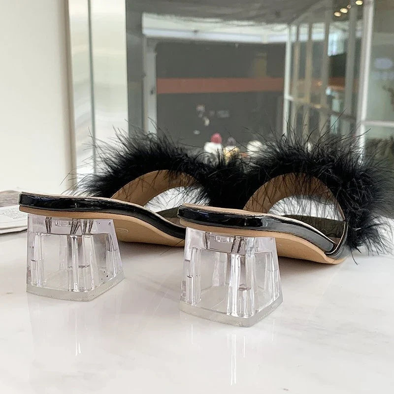 Slippers Open Toe Plush Fox Fur Chunky with Flip Flops Home Banquet Square Toe Simple Pumps