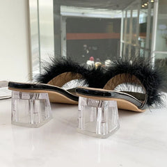 Slippers Open Toe Plush Fox Fur Chunky with Flip Flops Home Banquet Square Toe Simple Pumps