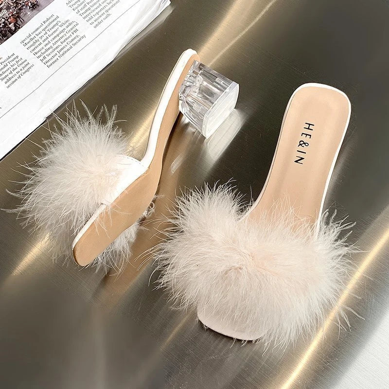 Slippers Open Toe Plush Fox Fur Chunky with Flip Flops Home Banquet Square Toe Simple Pumps